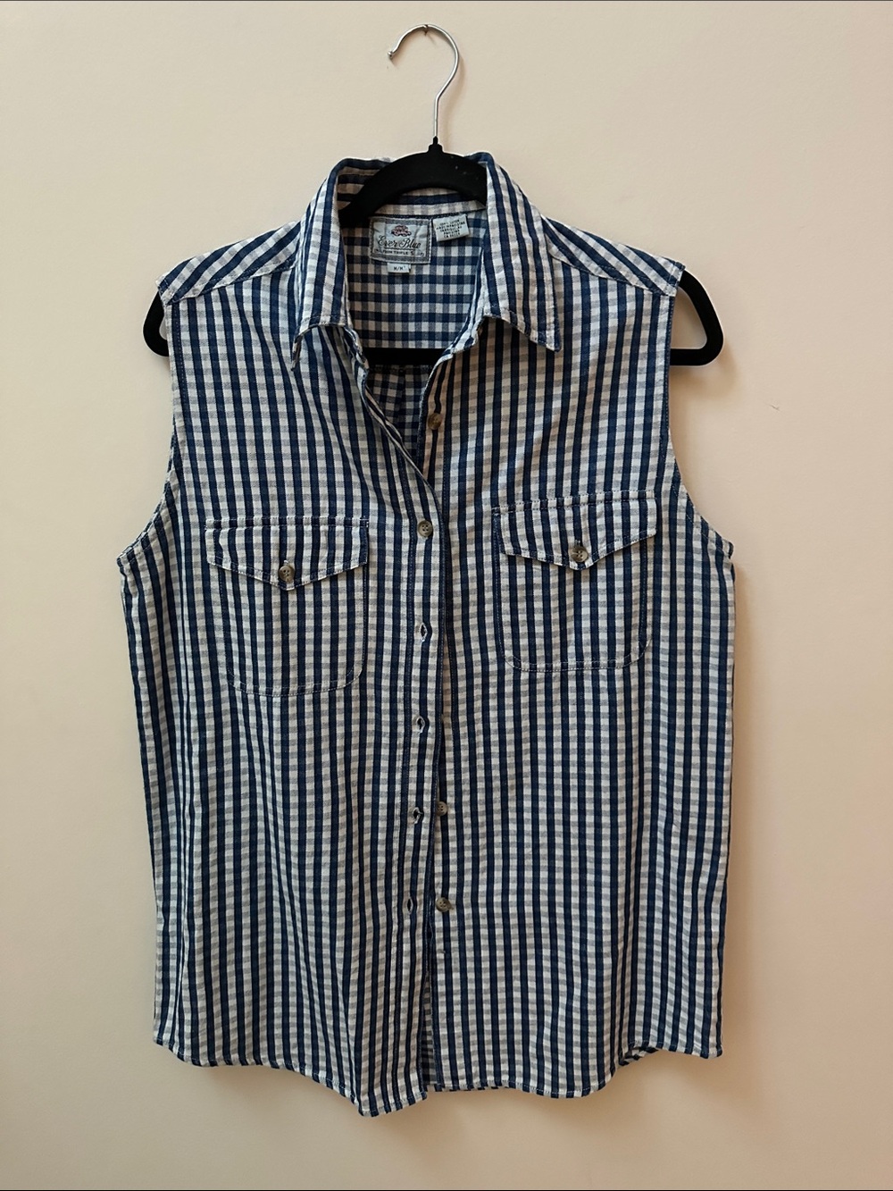 Sleeveless Navy and White Gingham Button-Front Shirt - Classic Collared Top